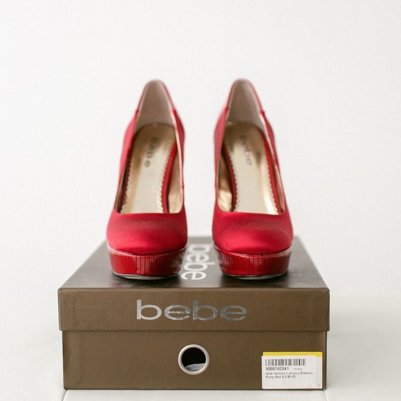Bebe Red Satin Jeremy Platform Pumps 8.5 New in Box - Picture 2 of 13